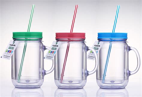 Cupture Double Wall Insulated Plastic Mason Jar Tumbler Mug with Striped Straws – 20 oz, 3 Pack ...