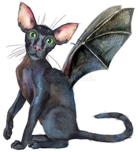 Watercolor Oriental Black Cat with Bat Wings. Painting Animal Illustration Stock Illustration ...