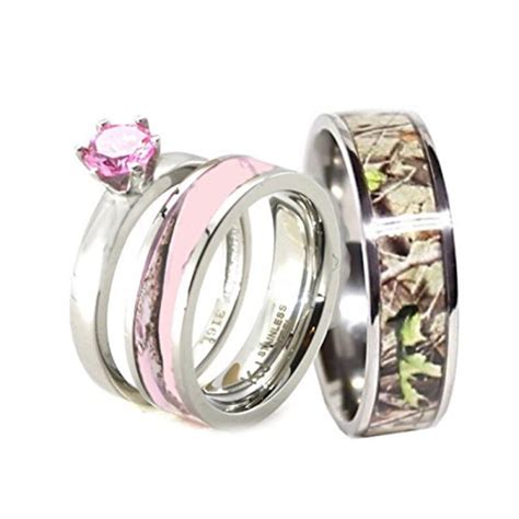 3 piece His & Her Pink Camo Wedding Ring Set Stainless Steel | Etsy