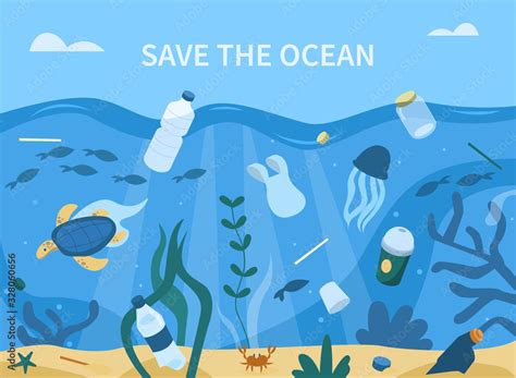 Plastic Garbage in Sea. Plastic Bottles, Straws, Cups and other Trash Pollute the Water. Animals ...