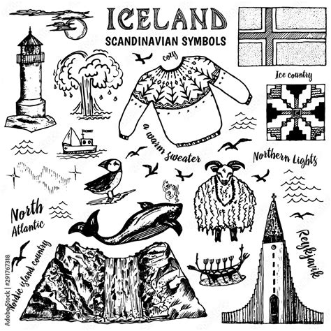 Set of Iceland Symbols in vintage style. Traditional national signs on ...