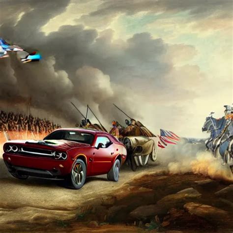 George Washington driving a Dodge Challenger into | Stable Diffusion