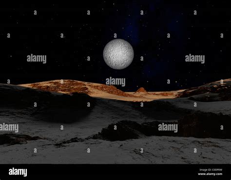 The surface of Pluto with Charon in the sky Stock Photo - Alamy