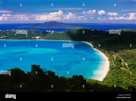 Aerial view of Magens Bay Beach St Thomas US Virgin Islands Turquoise Sea Bright Blue Sky Lush ...