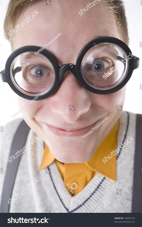 Happy Nerd In Funny Glasses. Smiling And Looking At Camera. Front View, White Background Stock ...