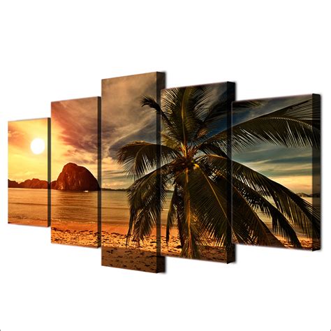 Tropical Beach Sunset Canvas Prints 5 Piece Hd Palm Seascape Artwork - WePosters.com - Free ...