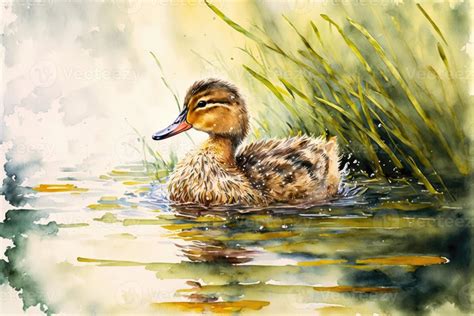 Cute duck in the lake watercolor painting. AI Generated 21827344 Stock Photo at Vecteezy