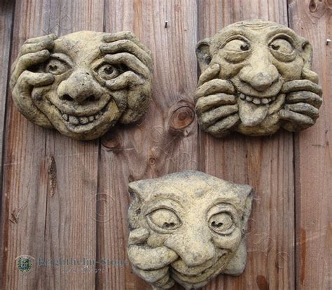 Set of 3 gargoyle funny face stone garden wall plaques