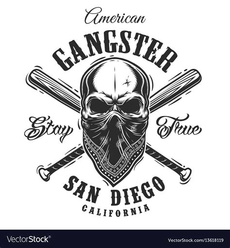 Gangster emblem, label, print, badge with skull in bandana and crossed baseball bats. Download a ...