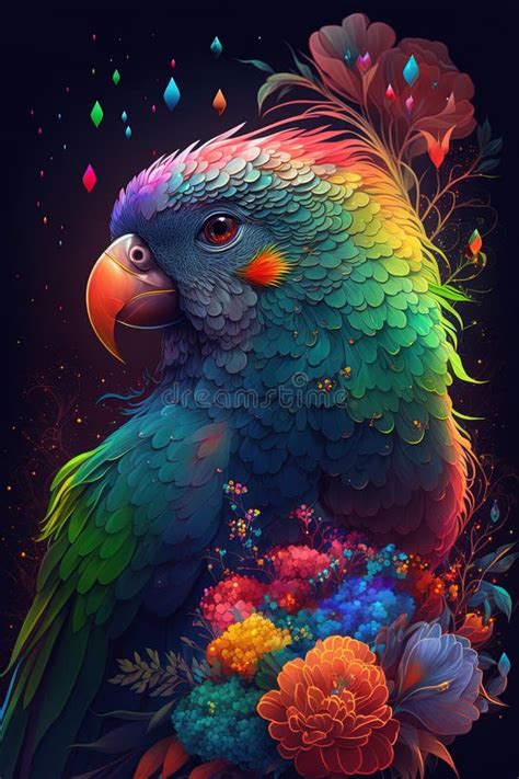 Parrot Made of Rainbow Glitter, Rainbow Flowers, Water Drops Stock ...