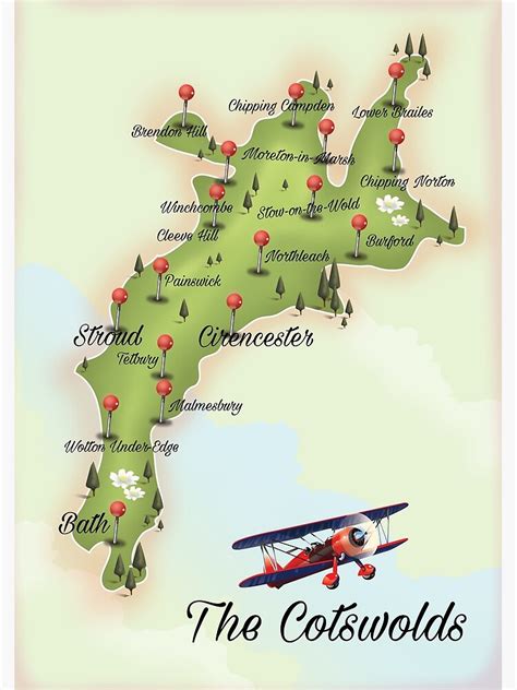 The Cotswolds Map vintage travel poster Poster by Nicholas Greenaway | Cotswolds map, Vintage ...