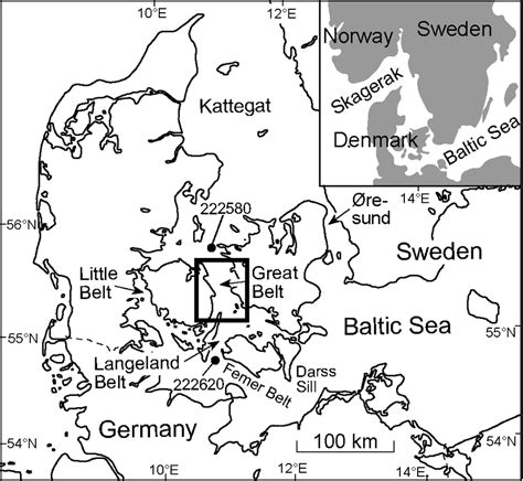 Map of Denmark and surrounding area with location of the Great Belt and ...