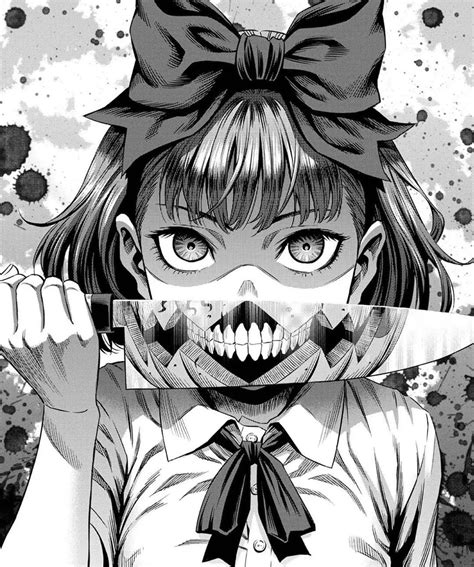 an anime character holding a knife in front of her face and wearing a ...