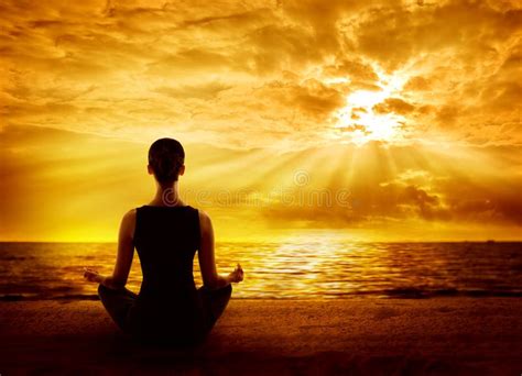 Yoga Meditating Sunrise, Woman Mindfulness Meditation on Beach Stock Photo - Image of back, dark ...