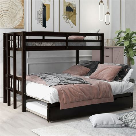 Bunk Bed with Trundle, Triple Bunk Bed, Kid's Convertible Twin Bed with Ladder&Safety Guardrails ...