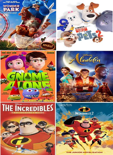 6 cartoon movies Wonder Park, Gnome Alone, Incredibles 1 & 2, Secret Life of Pets 2 , Aladdin ...