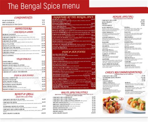 The Bengal Spice Taunton's full menu online