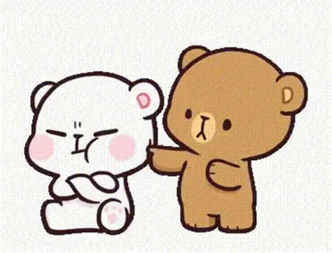 a brown and white teddy bear touching each other's face with their hands,