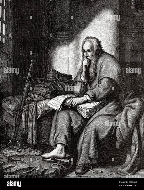 St Paul the Apostle in prison, writing his epistle to the Ephesians. Old 19th century engraved ...