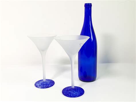 Vintage Pair of 2 Grey Goose Vodka / Cocktail / Martini Glasses - Frosted Stem & Bowl Blue ...