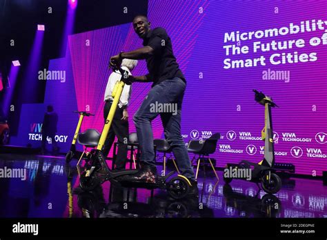 Jamaica's former Olympic Champion Usain Bolt presenting his Bolt Mobility scooter in the ...