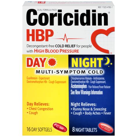 Coricidin HBP Multi-Symptom Cold, Day Softgels, Night Tablets, 24 each