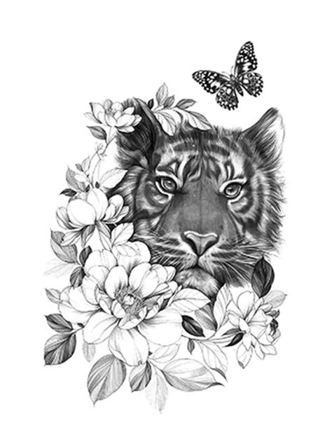 Temporary Floral Tiger Tattoo With Butterfly Tattoos for | Etsy