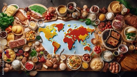 Food from many countries, parts of the world, representing diverse cuisines and cultures. Map ...