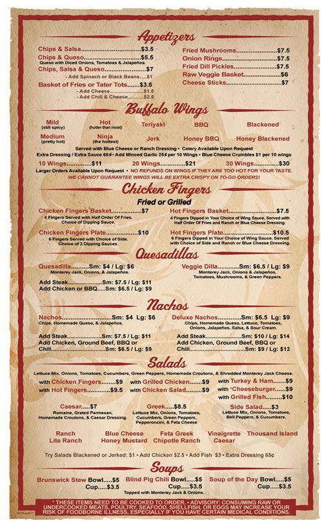 Blind Pig Tavern menu in Athens, Georgia, USA