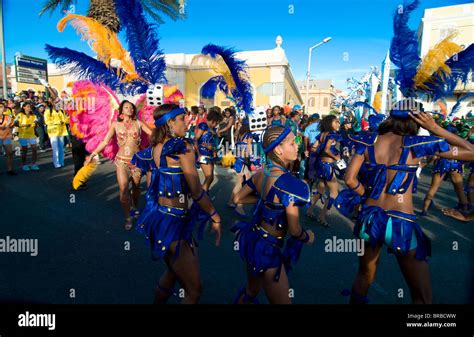 Costumed women dancing, Carnival, Mindelo, Sao Vicente, Cape Verde ...