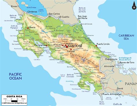 Large physical map of Costa Rica with roads, cities and airports ...