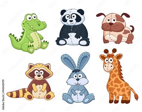 Cute cartoon animals isolated on white background. Stuffed toys set ...