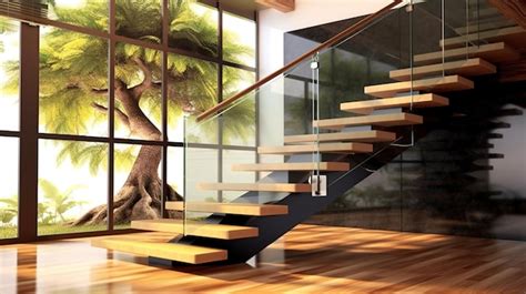 Premium AI Image | Interior of modern staircase design elegant L shape wood cantilever stairs ...