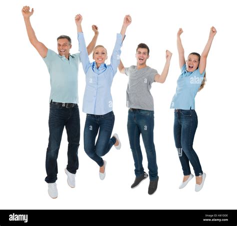 Group Of Excited People Jumping Over White Background Stock Photo - Alamy