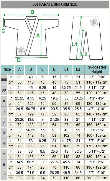 Martia Arts Uniform Size Chart | Karate uniform, Art uniform, Karate