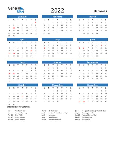 2022 Bahamas Calendar with Holidays