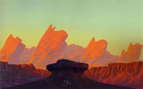 an abstract painting of mountains in the distance with orange and pink hues on them