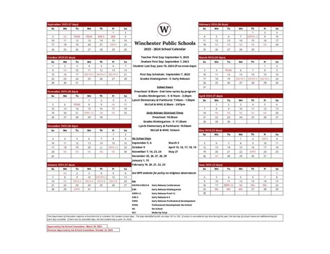 Winchester Public Schools Calendar 2024 in PDF