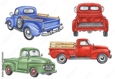 Watercolor Trucks Clipart. Retro Car Illustration. Farmhouse Transport ...