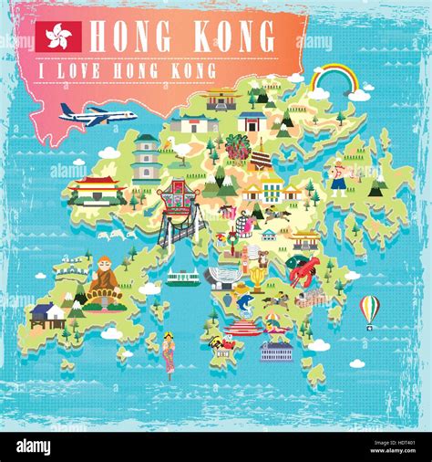 I love Hong Kong concept travel map with attractions icons in flat ...