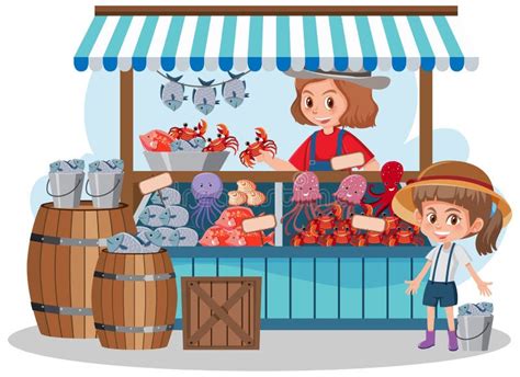 Market Stall Concept with Fresh Food Store Stock Vector - Illustration of seafood, flea: 243584136