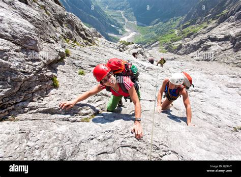 Mountaineer climbing on a mountain in the Berchtesgaden Alps, Bavaria ...