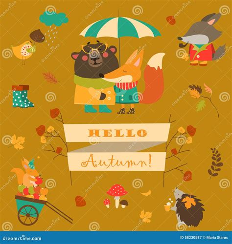 Set of Cartoon Characters and Autumn Elements Stock Vector - Illustration of graphic, design ...