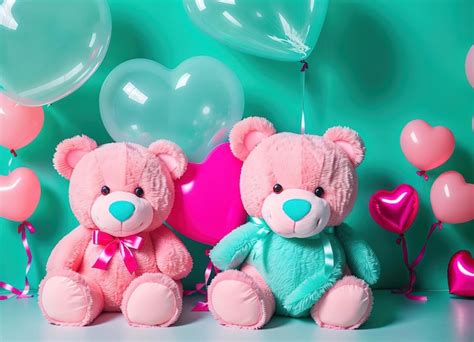 Premium Photo | Pink teddy bear with balloons on a turquoise background Generative AI