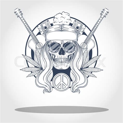 Hand drawn sketch, hippie skull with ... | Stock vector | Colourbox