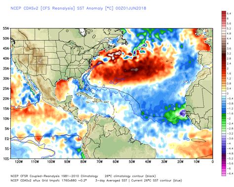 Atlantic Ocean sea surface temperature anomalies on June 1, 2018 ...