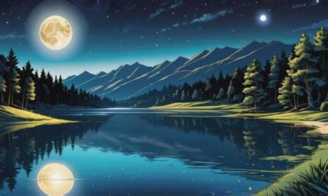 Premium AI Image | A lake at night with a full moon and stars in the sky