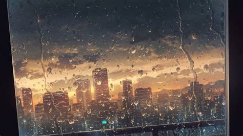 Anime City Sunset in Rain - HD Wallpaper