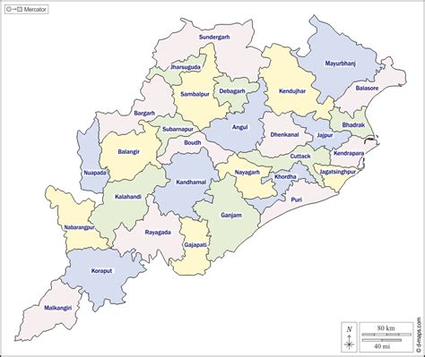 Odisha free map, free blank map, free outline map, free base map outline, districts, names ...