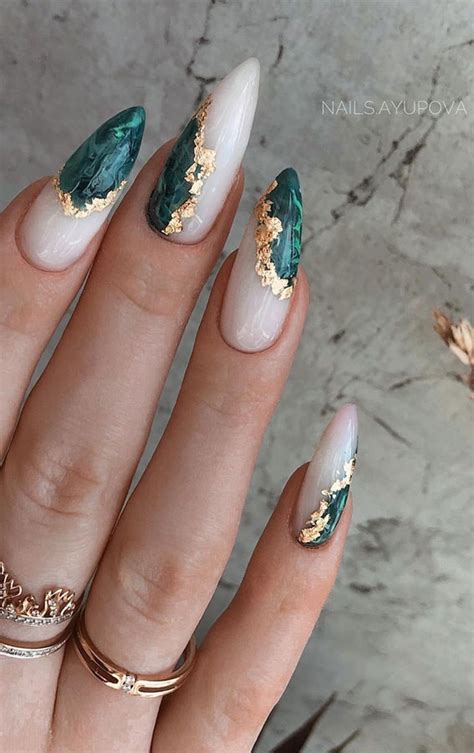 41 Pretty Nail Art Design Ideas To Jazz Up The Season : Green and Gold Nails